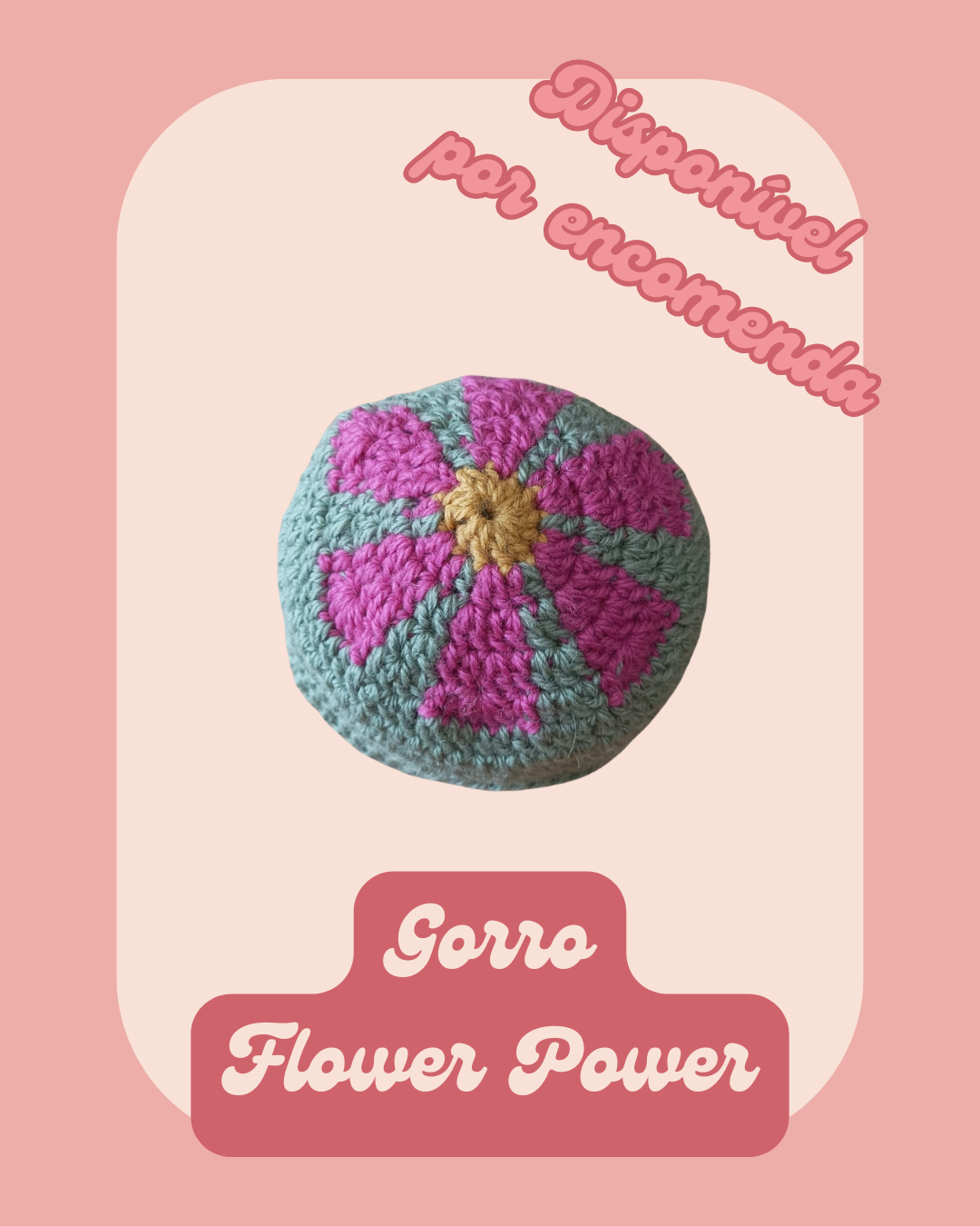 Gorro Flower Power - Verde com flor rosa