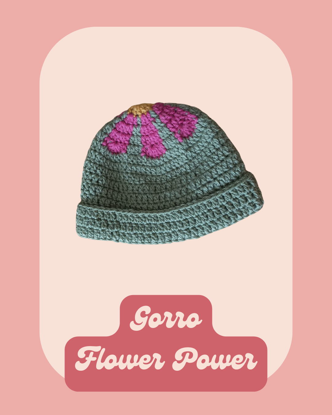 Gorro Flower Power - Verde com flor rosa